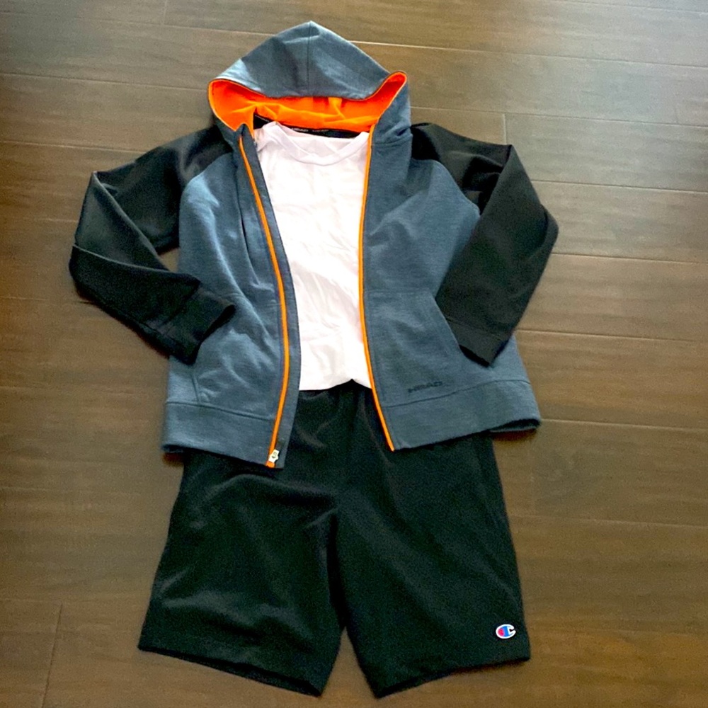2 pieces boys outfit (Head Hoodie Jacket, Champion shorts)